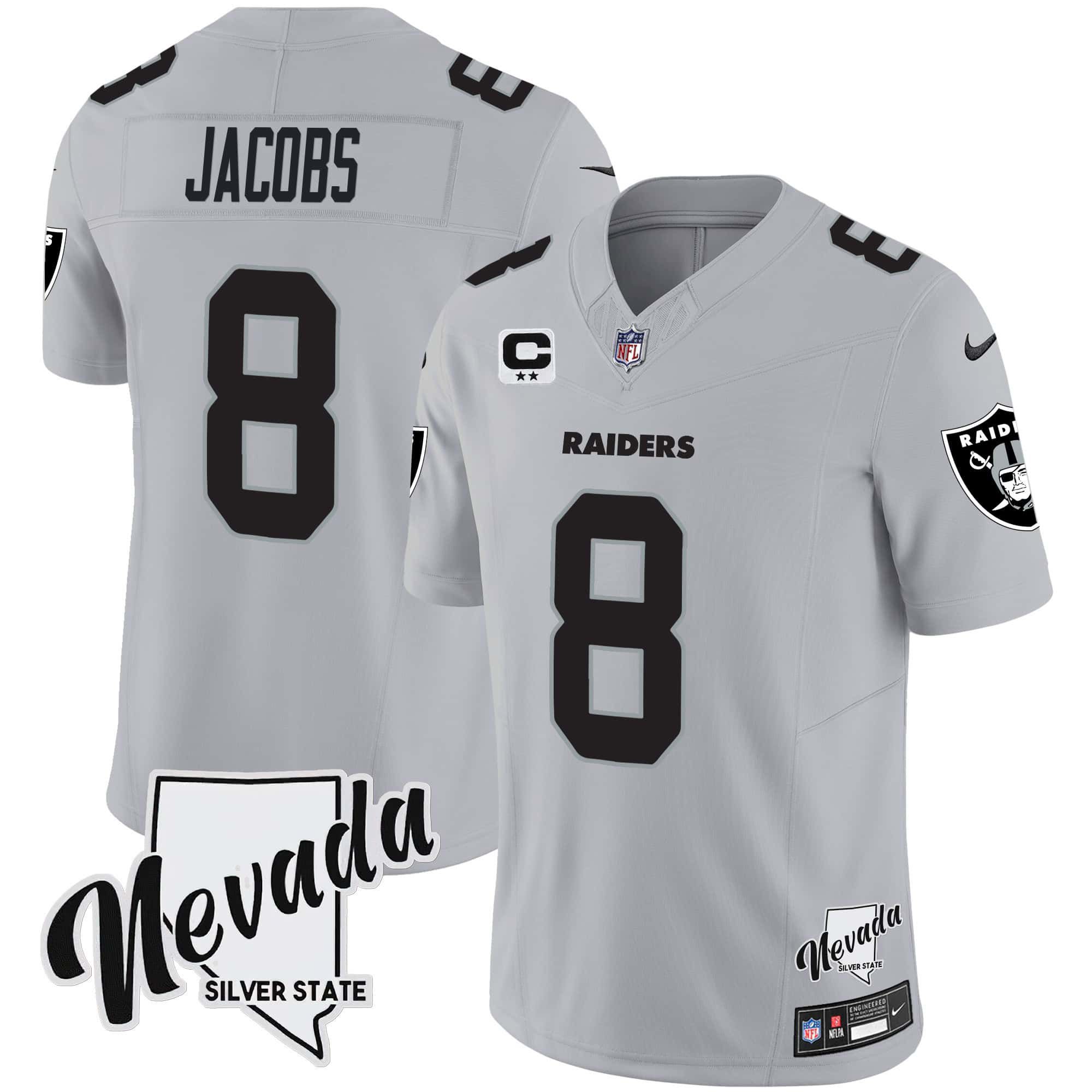 Men Oakland Raiders #8 Jacobs Grey 2024 Nike Nevada Silver State Patch Vapor NFL Jersey